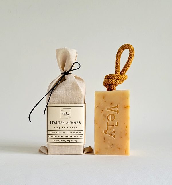 Italian Summer natural soap on rope with calendula