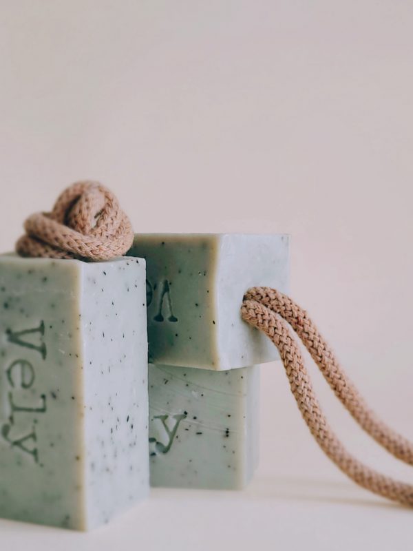 "Early Morning" green clay and mint soap on a rope MACRO IMAGE